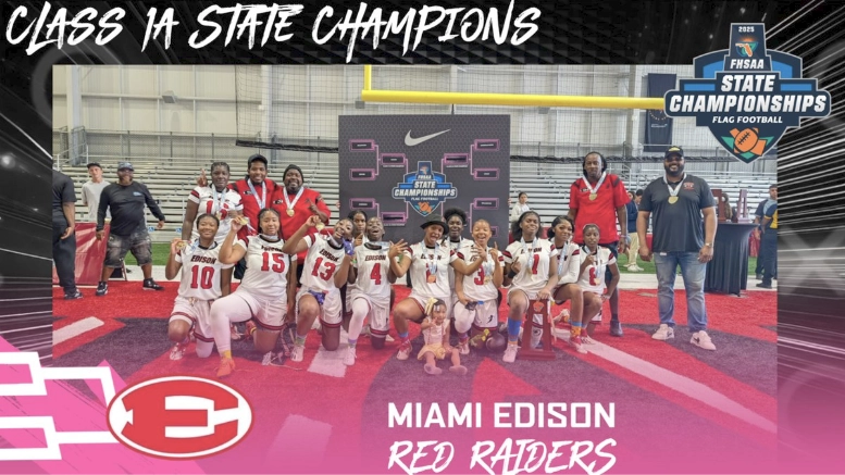 Miami Edison wins its first-ever Florida girls' flag high school football championship with a 26-20 win over Wildwood Saturday at the AdventHealth Training Center, the indoor practice facility of the National Football League‘s Tampa Bay Buccaneers.